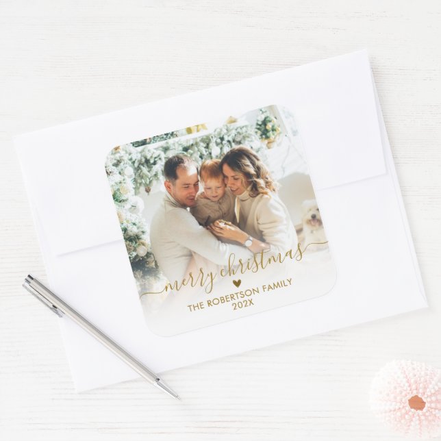 Elegant Gold Script Family Photo Merry Christmas  Square Sticker (Envelope)