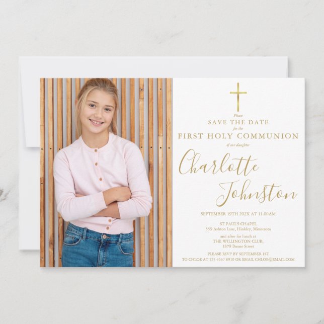 Elegant Gold Script First Holy Communion Photo Save The Date (Front)