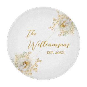 Elegant Gold Script Floral Custom Established Year Cutting Board