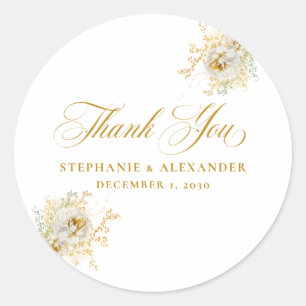 Elegant Gold Script Floral Wedding Classic Round Sticker