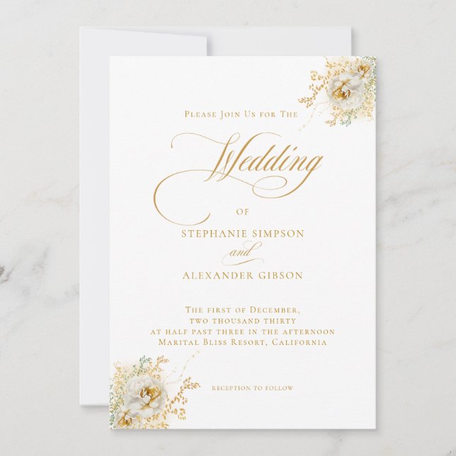 Elegant Gold Script Floral Wedding  Invitation (Front)