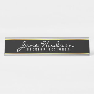 Elegant Gold Script Flower Modern Desk Name Plate