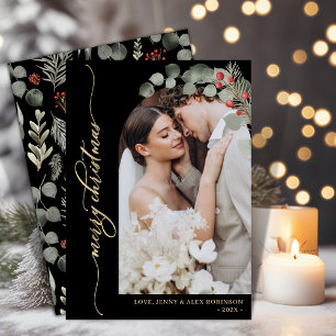 Elegant Gold Script Foliage Photo Arch Christmas Holiday Card