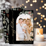 Elegant Gold Script Foliage Photo Arch Christmas  Holiday Card<br><div class="desc">Elegant Winter Botanical Calligraphy Black and Gold Script 1 Photo Arch Christmas Cards. This festive modern one photo christmas cards features pretty photo arch decorated with pine branch, berries and eucalyptus leaves, a „Merry Christmas” greeting text which is written in a hand lettered swash tail font in gold on black...</div>