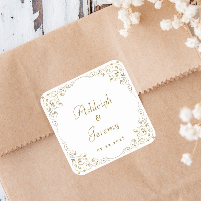 Elegant Gold Script Foliage Wedding Square Sticker (Creator Uploaded)