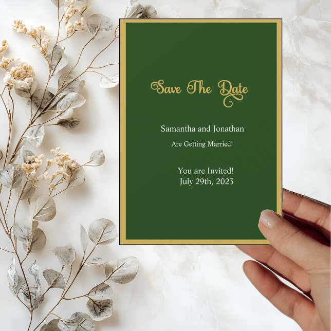 Elegant Gold Script Frame Green save the date card (Creator Uploaded)