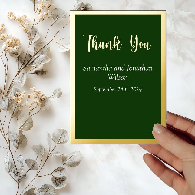 Elegant Gold Script Frame on Green Thank You Card (Creator Uploaded)