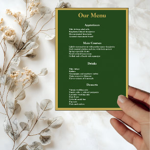 Elegant Gold Script Frame on Green Wedding Dinner Menu