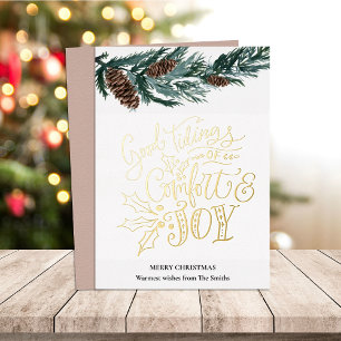 Elegant Gold Script Good Tidings of Comfort Joy Fo Foil Holiday Card