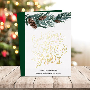 Elegant Gold Script Good Tidings of Comfort Joy Foil Holiday Card
