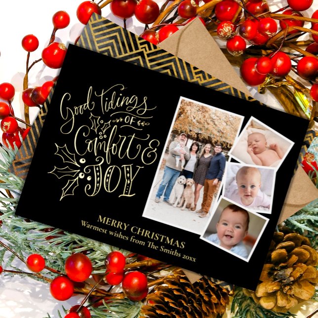 Elegant Gold Script Good Tidings of Comfort Joy Foil Holiday Card (Creator Uploaded)