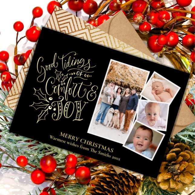 Elegant Gold Script Good Tidings of Comfort Joy Foil Holiday Card (Creator Uploaded)