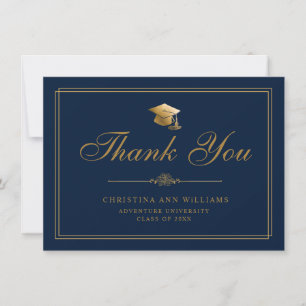 Elegant Gold Script Grad Cap Navy Blue Graduation Thank You Card