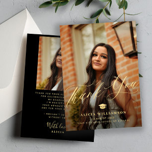 Elegant gold script graduate 2 photo graduation thank you card