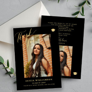 Elegant gold script graduate photo graduation thank you card