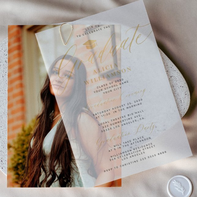 Elegant gold script graduation party overlay vellum invitations (Creator Uploaded)