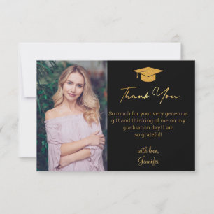 elegant gold script graduation photo black chic thank you card