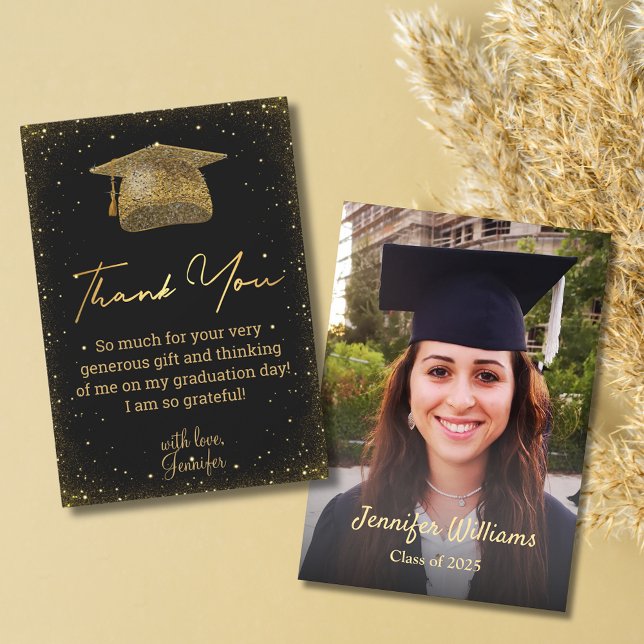 elegant gold script graduation photo black thank you card (Creator Uploaded)