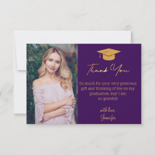elegant gold script graduation photo purple thank you card