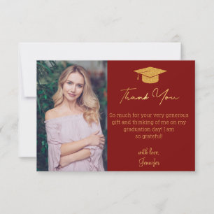 elegant gold script graduation photo red thank you card