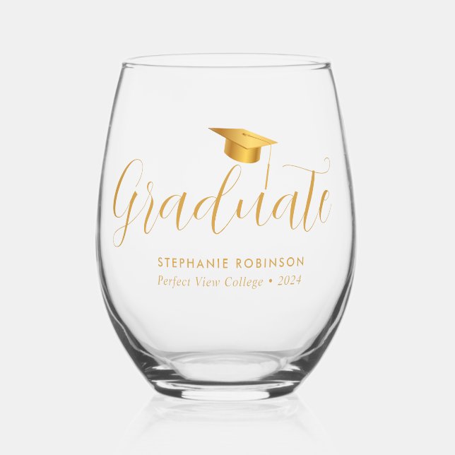Elegant Gold Script Graduation Stemless Wine Glass (Front)