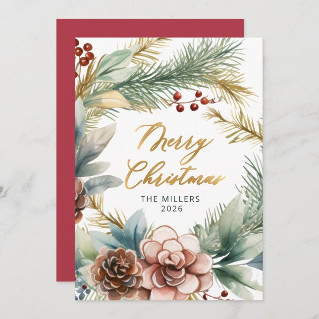 Elegant Gold Script Greenery Wreath Christmas  Holiday Card (Front/Back)