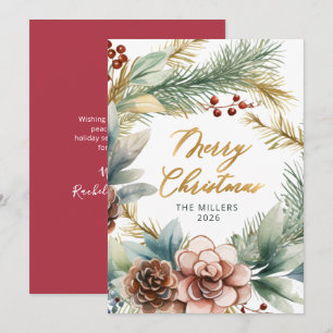Elegant Gold Script Greenery Wreath Christmas  Holiday Card