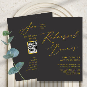 Elegant Gold Script Grey Rehearsal Dinner QR code Invitation