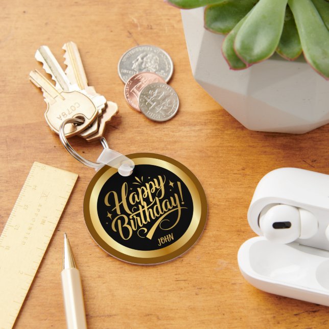 Elegant Gold Script Happy Birthday Black  Key Ring (Desk)
