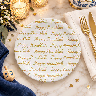 Elegant Gold Script Happy Hanukkah Paper Plate