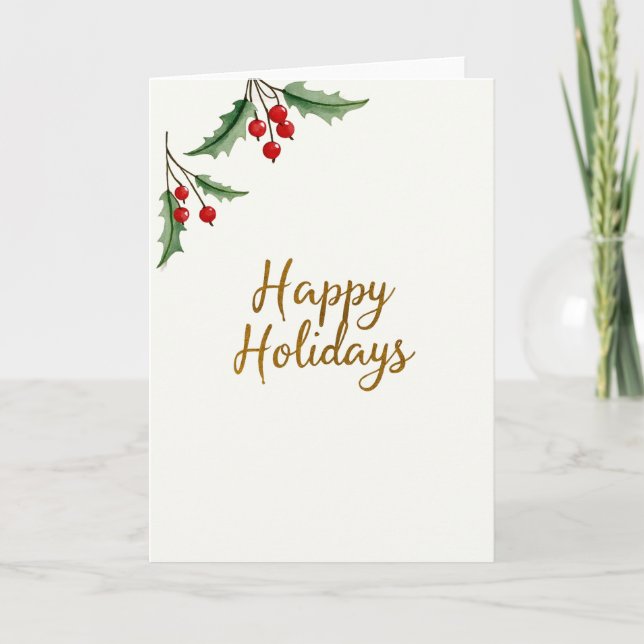 Elegant Gold Script Happy Holidays Holly Card (Front)