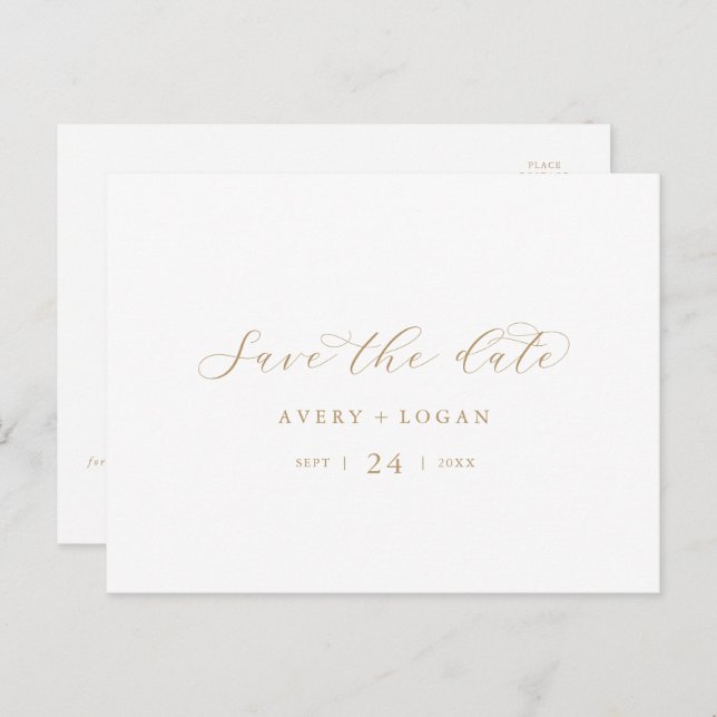 Elegant Gold Script Horizontal Save the Date Invitation Postcard (Front/Back)