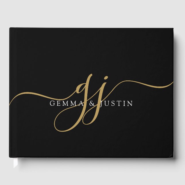 Elegant Gold Script Initials Name Monogram Black Guest Book (Front)
