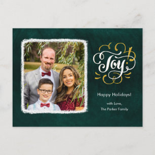 Elegant Gold Script JOY Green Christmas Photo   Holiday Postcard