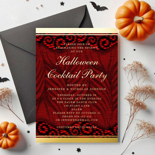 Elegant Gold Script Lace Halloween Cocktail Party  (Elegant Gold Script Lace Halloween Cocktail Party Foil Invitation)