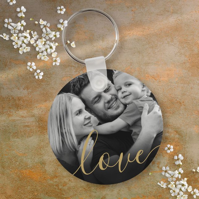 Elegant Gold Script Love Black and White Photo Key Ring (Elegant Gold Script Love Black and White Photo Keychain)