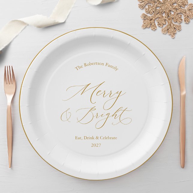 Elegant Gold Script “Merry & Bright” Christmas Paper Plate (Creator Uploaded)