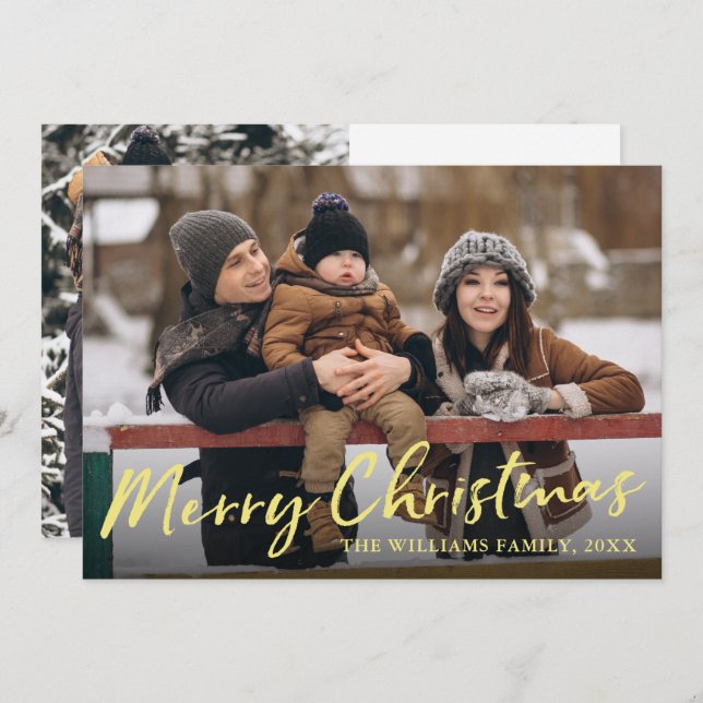 Elegant Gold Script Merry Christmas 2 Photo Holiday Card (Front/Back)