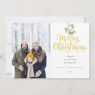 Elegant Gold Script Merry Christmas Mistletoe Holiday Card