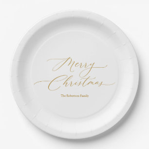 Elegant Gold Script “Merry Christmas” Paper Plate
