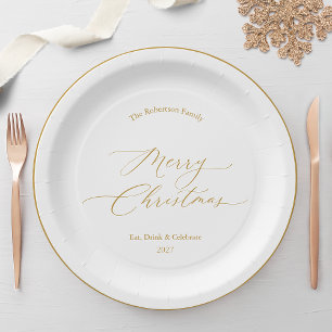 Elegant Gold Script “Merry Christmas” Paper Plate