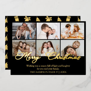 Elegant Gold Script Merry Christmas Photo Collage Foil Holiday Card
