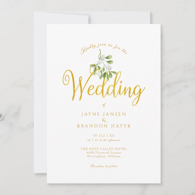 Elegant Gold Script Mistletoe Winter Wedding Invitation (Front)