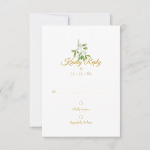Elegant Gold Script Mistletoe Winter Wedding RSVP Card