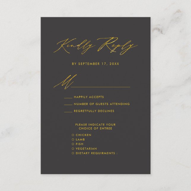 Elegant Gold Script Modern Grey Wededing RSVP Enclosure Card (Front)