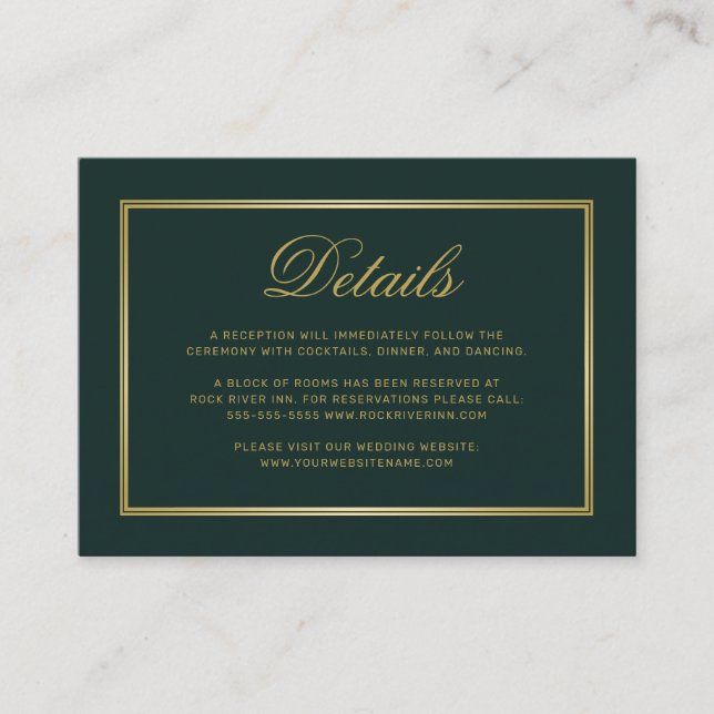 Elegant Gold Script Monogram Green Wedding Details Enclosure Card (Front)