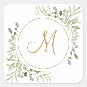 Elegant Gold Script Monogram Greenery Square Sticker