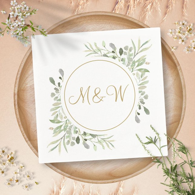 Elegant Gold Script Monogram Initials Greenery Napkin (Elegant Gold Script Monogram Initials Greenery Napkins)
