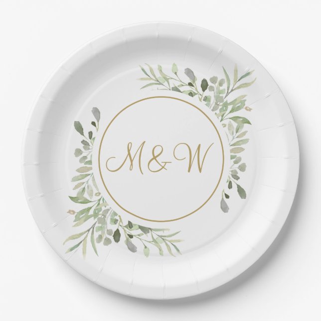 Elegant Gold Script Monogram Initials Greenery Paper Plate (Front)