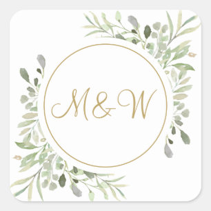 Elegant Gold Script Monogram Initials Greenery Square Sticker